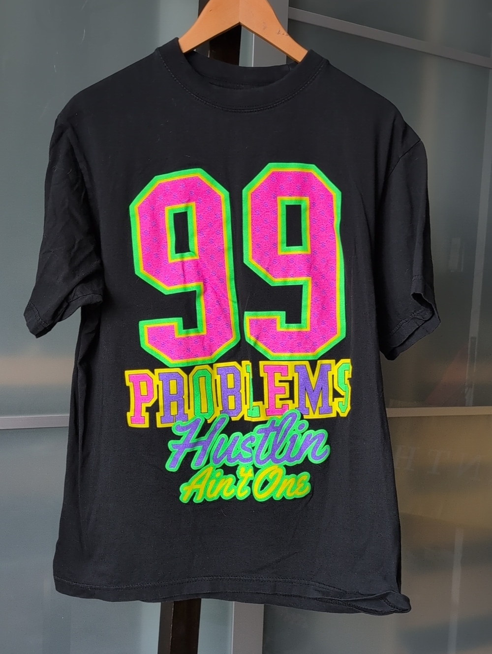 📼 Vintage Black Graphic Tee with Neon Pink & Green '99 Problems' Print